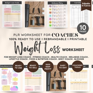 May include: A printable weight loss worksheet for coaches. The worksheet includes 10 pages with various sections such as body measurements, wellness diary, exercise log, coaching tools, and recipes. The worksheet is ready to use and rebrandable.