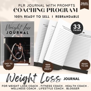 May include: A black and white image of a weight loss journal with the text "Weight Loss Journal" on the cover. The journal is 33 pages long and includes prompts for weight loss coaching. The journal is ready to use and can be rebranded.
