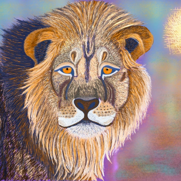 Digital painting: Face the Lion - 4x6 colorful nature giclee print on 5x7 matte