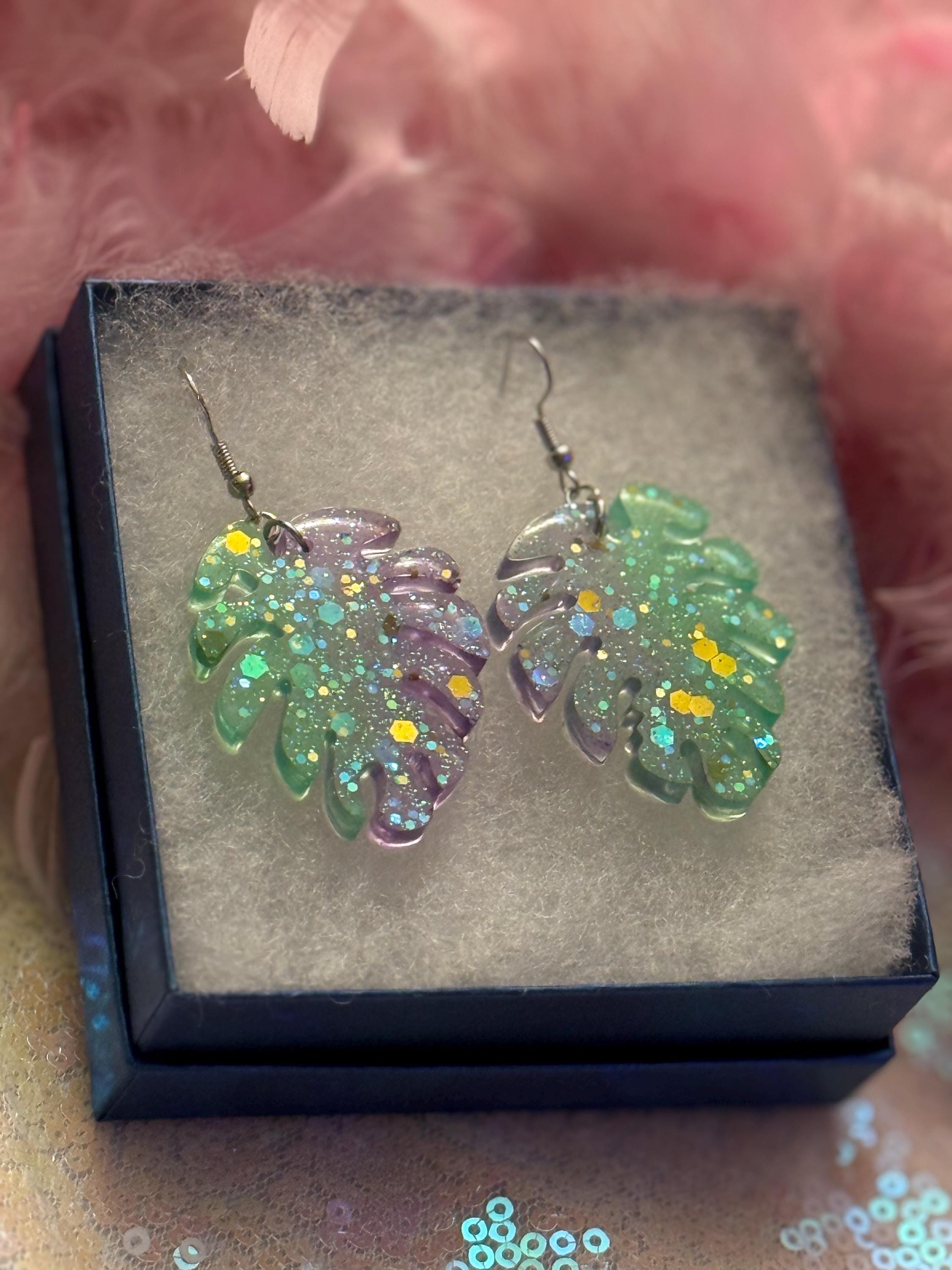 Monstera Leaf Handmade Epoxy Resin Dangling Earrings – Multi-Color Glitter Statement Jewelry
