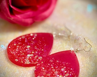Handmade Pink Glitter Teardrop Earrings: Epoxy Resin Dangle Jewelry