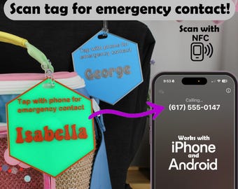 Emergency Contact Bag Tag - NFC Smart Backpack Tag - Scan Tag - Safety NFC Tag - Customizable Name Bag Tag Nameplate School Nametag Hexagon