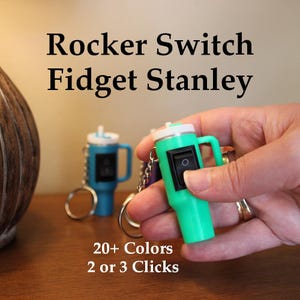 May include: A green fidget toy in the shape of a tumbler with a black rocker switch. The text "Rocker Switch Fidget Stanley" is at the top. The text "20+ Colors" and "2 or 3 Clicks" are at the bottom.