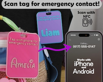 Emergency Contact Bag Tag - NFC Smart Backpack Tag - Scan Tag Safety NFC Tag - Customizable Name Bag Tag Nameplate School Nametag Rectangle