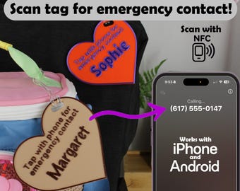 Emergency Contact Bag Tag - NFC Smart Backpack Tag - Scan Tag - Safety NFC Tag - Customizable Name Bag Tag Nameplate - School Nametag Heart