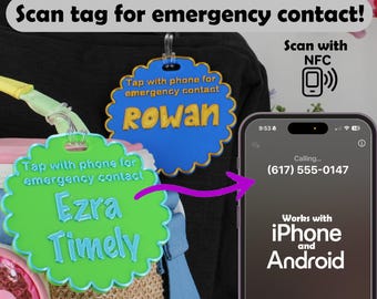 Emergency Contact Bag Tag - NFC Smart Backpack Tag - Scan Tag - Safety NFC Tag - Customizable Name Bag Tag Nameplate School Nametag Scallop