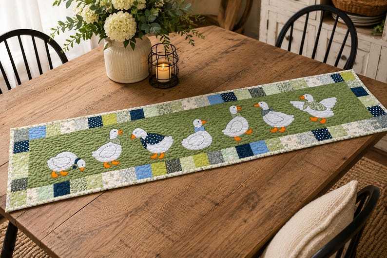 May include: A rectangular quilted table runner featuring a central olive green panel with six white goose appliqu&eacute;s wearing patterned scarves. The border consists of a patchwork of small squares in shades of blue, green, and white floral prints.