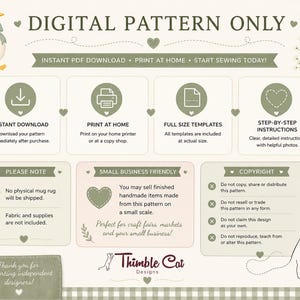 May include: A digital sewing pattern information sheet featuring a duck illustration, icons for instant download, home printing, full-size templates, and step-by-step instructions. Includes sections for small business usage, copyright, and notes.