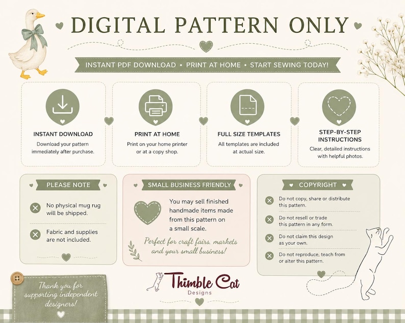 May include: A digital sewing pattern information sheet featuring a duck illustration, icons for instant download, home printing, full-size templates, and step-by-step instructions. Includes sections for small business usage, copyright, and notes.