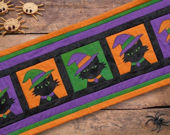 Halloween Cat Table Runner PDF Pattern: Applique Witch Design (Digital Download)