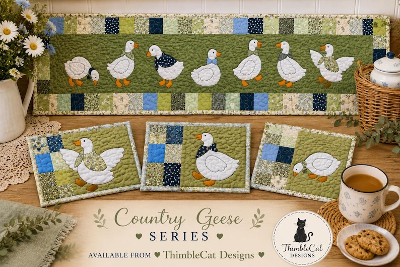 May include: A quilted table runner and three matching rectangular mats featuring white geese with orange feet and various patterned neckerchiefs on a green background, bordered by a patchwork of blue and green squares. Text reads Country Geese SERIES.