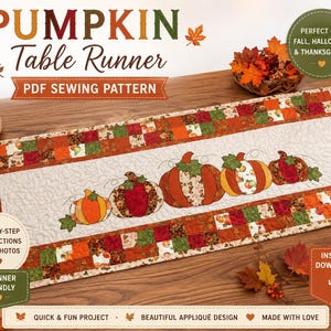 Pumpkin Table Runner PDF Pattern: Autumn Thanksgiving Applique Quilted Design (Digital Download)