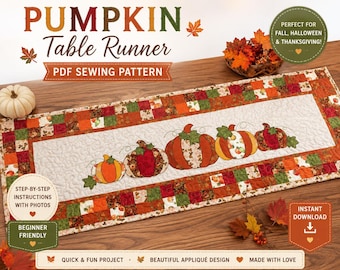 Pumpkin Table Runner PDF Pattern: Autumn Thanksgiving Applique Quilted Design (Digital Download)