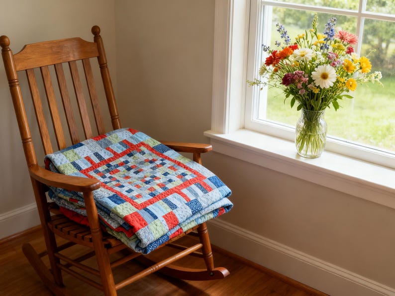 K&ouml;nnte beinhalten: Ein h&ouml;lzerner Schaukelstuhl mit einer gefalteten Steppdecke und einer Vase mit Blumen. Die Steppdecke ist blau, rot und gr&uuml;n. Die Blumen sind eine Mischung aus Farben, darunter Gelb, Orange und Lila. Der Stuhl steht in der N&auml;he eines Fensters.