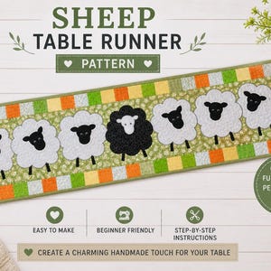 Puede incluir: Camino de mesa rectangular con un diseño de ovejas. El diseño presenta ovejas blancas con caras y patas negras, y una oveja negra. El camino de mesa tiene un borde verde, naranja y amarillo. El texto en la parte superior dice "SHEEP TABLE RUNNER PATTERN".