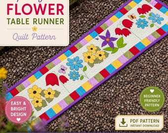 Spring or Summer Flower Table Runner Quilt Pattern – Applique Floral Design (PDF Download) Easy project to sew