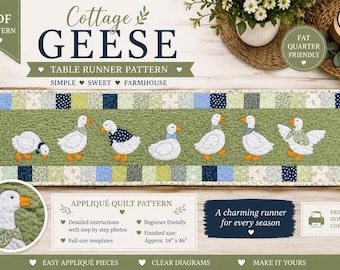 Country Geese Table Runner Pattern PDF | Farmhouse Goose Applique Quilt Pattern | Seasonal Table Runner Sewing Pattern | Beginner Friendly
