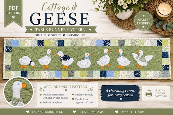 Country Geese Table Runner Pattern PDF | Farmhouse Goose Applique Quilt Pattern | Seasonal Table Runner Sewing Pattern | Beginner Friendly