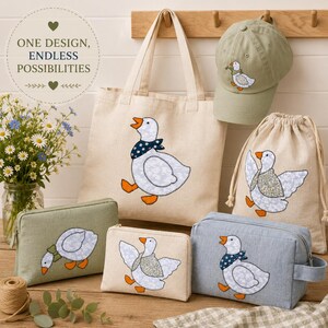 May include: A collection of items featuring goose appliqu&eacute;s: a beige canvas tote bag, a sage green baseball cap, a drawstring pouch, and three zippered pouches in sage green, beige, and blue. The text reads ONE DESIGN, ENDLESS POSSIBILITIES.