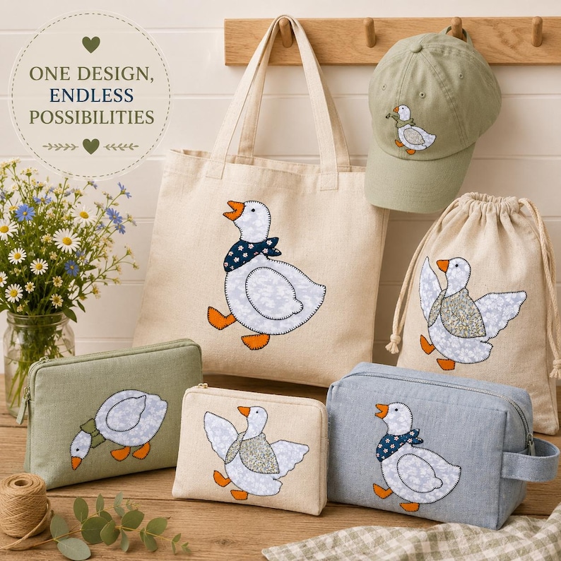 May include: A collection of items featuring goose appliqu&eacute;s: a beige canvas tote bag, a sage green baseball cap, a drawstring pouch, and three zippered pouches in sage green, beige, and blue. The text reads ONE DESIGN, ENDLESS POSSIBILITIES.
