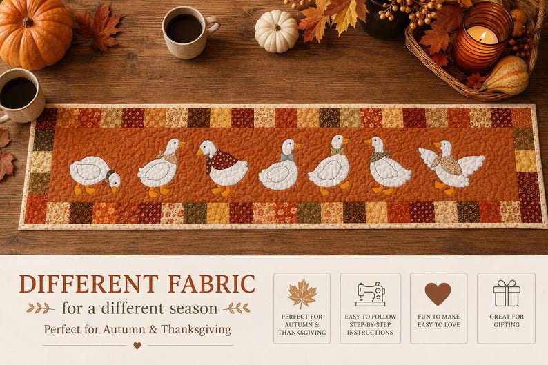 May include: A rectangular quilted table runner featuring a central orange panel with seven white goose appliqu&eacute;s wearing various patterned scarves and bows, bordered by a patchwork of autumn-colored floral and geometric fabric squares.