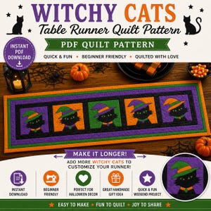 Halloween Cat Table Runner PDF Pattern: Applique Witch's Cat Design (Digital Download)
