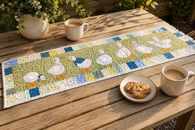 May include: A rectangular quilted table runner featuring a light green center panel with an appliqued row of six white geese wearing blue and white patterned accessories. The border consists of a patchwork of blue, yellow, and white squares.