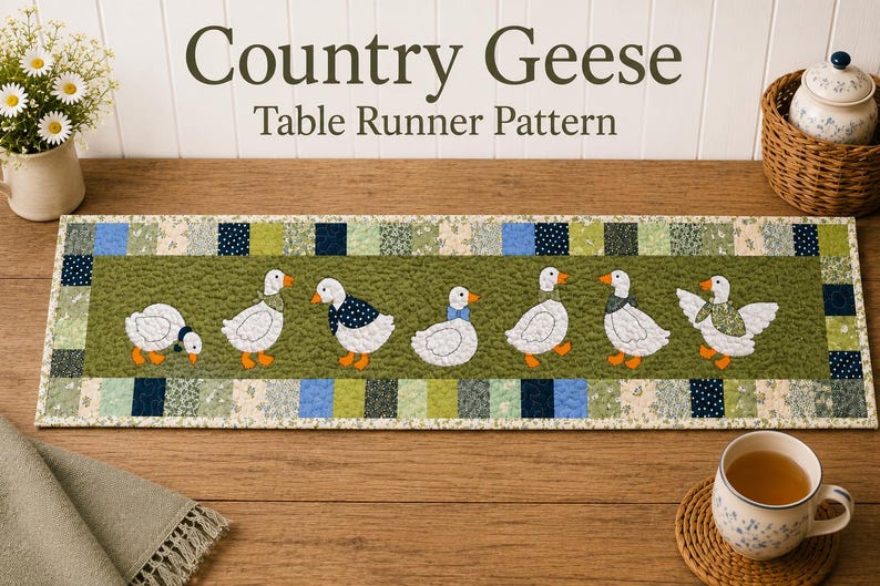 Country Geese Table Runner Pattern PDF | Farmhouse Goose Applique Quilt Pattern | Seasonal Table Runner Sewing Pattern | Beginner Friendly image 1