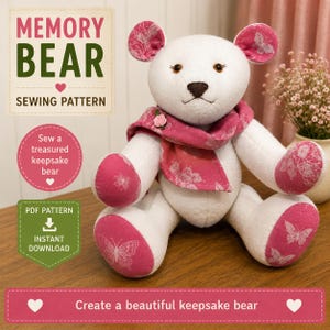Może przedstawiać: Biały wzór do szycia Memory Bear z różowymi akcentami. Miś ma różowy szalik i pasujące detale na uszach, łapach i stopach, z motywami motyli. Obraz zawiera tekst "Memory Bear" i "Sewing Pattern".