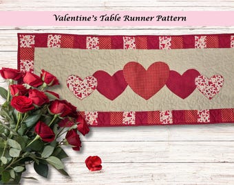 Heart Table Runner Pattern, Patchwork Appliqué, Valentine's Wedding Decor (PDF 40x14 Inch