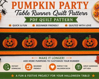 Halloween Pumpkin Table Runner PDF Pattern: Easy Appliqué Sewing (Digital Download)