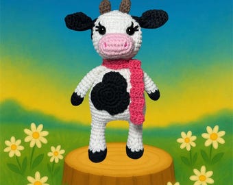 Mirabelle Moocroft Cow Plush – Handmade Amigurumi Soft Toy – Prim & Pasture Gift – Farm Animal Doll – Ready to Ship