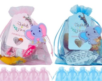 Elephant Theme Baby Shower Favors, Personalized Elephant theme favors, Elephant keychain, Pink Organza bag, Blue Organza bag, Thank you tags
