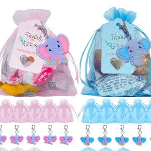 Elephant Theme Baby Shower Favors, Personalized Elephant theme favors, Elephant keychain, Pink Organza bag, Blue Organza bag, Thank you tags