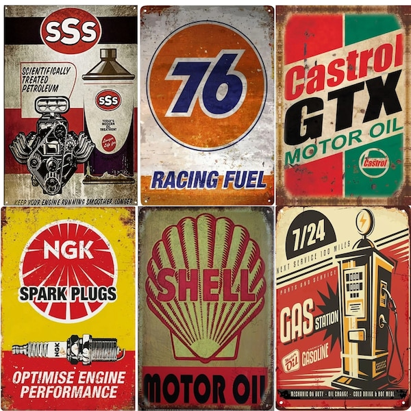 Garage Vintage Metal Tin Sign, Castrol GTX Motor Oil, 76 Racing Fuel, SSS Petroleum, Gas, NGK Spark Plug, Shell Motor Oil, Retro Garage Sign