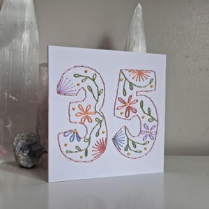 HandSewn Birthday Embroidered Card, Any Age birthday card, 18th, 21st, 30th, 40th, 50th, 60th, Handmade birthday card, number birthday card,