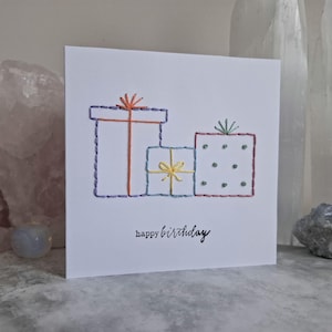 Embroidered Birthday Card, Presents Birthday Card, Handmade Card, glittery presents Card,Unique custom embroidered card, personalised cards