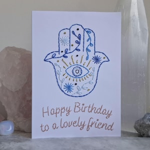 Embroidered Hamsa Hand Birthday Card, Handmade Zodiac Greeting Card, Hamsa Happy Birthday card, Hamsa card, Hamsa Hand birthday card