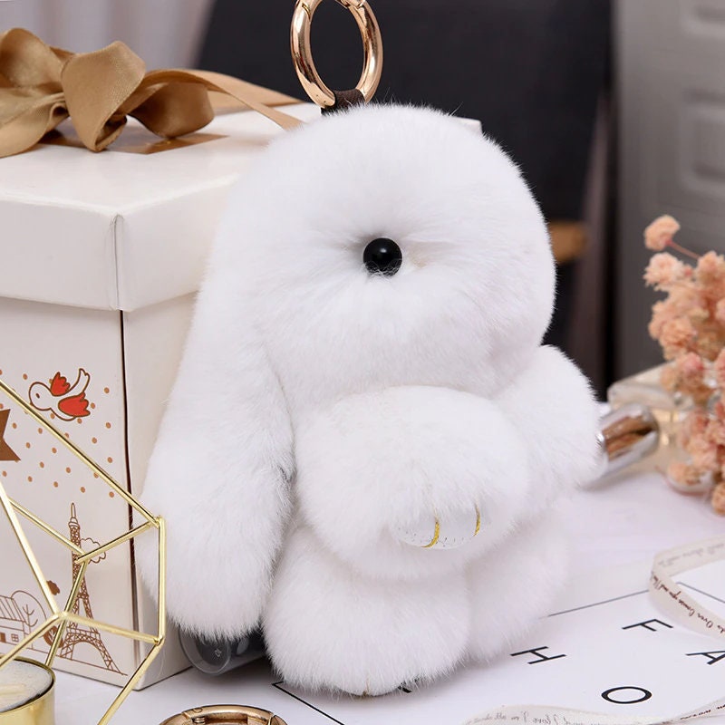 Fluffy Bunnies Fuzzy Fur Ball Pom Pom keychain- Bunny Keychain