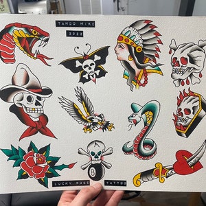 11x14 folha flash de tatuagem tradicional americana, pintura de tatuagem tradicional americana, desenhos de tatuagem tradicional americana