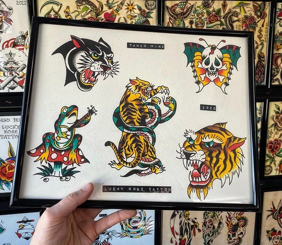 Hand painted American Traditional tattoo flash sheet