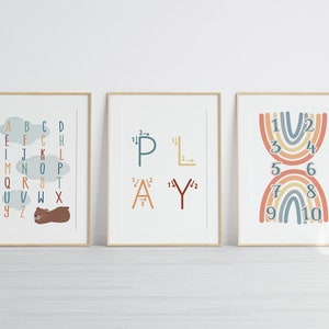 Educational boho poster set, printable ABC, Numbers, and PLAY wall art, digital download playroom decor, boho rainbow bear themed homeschool