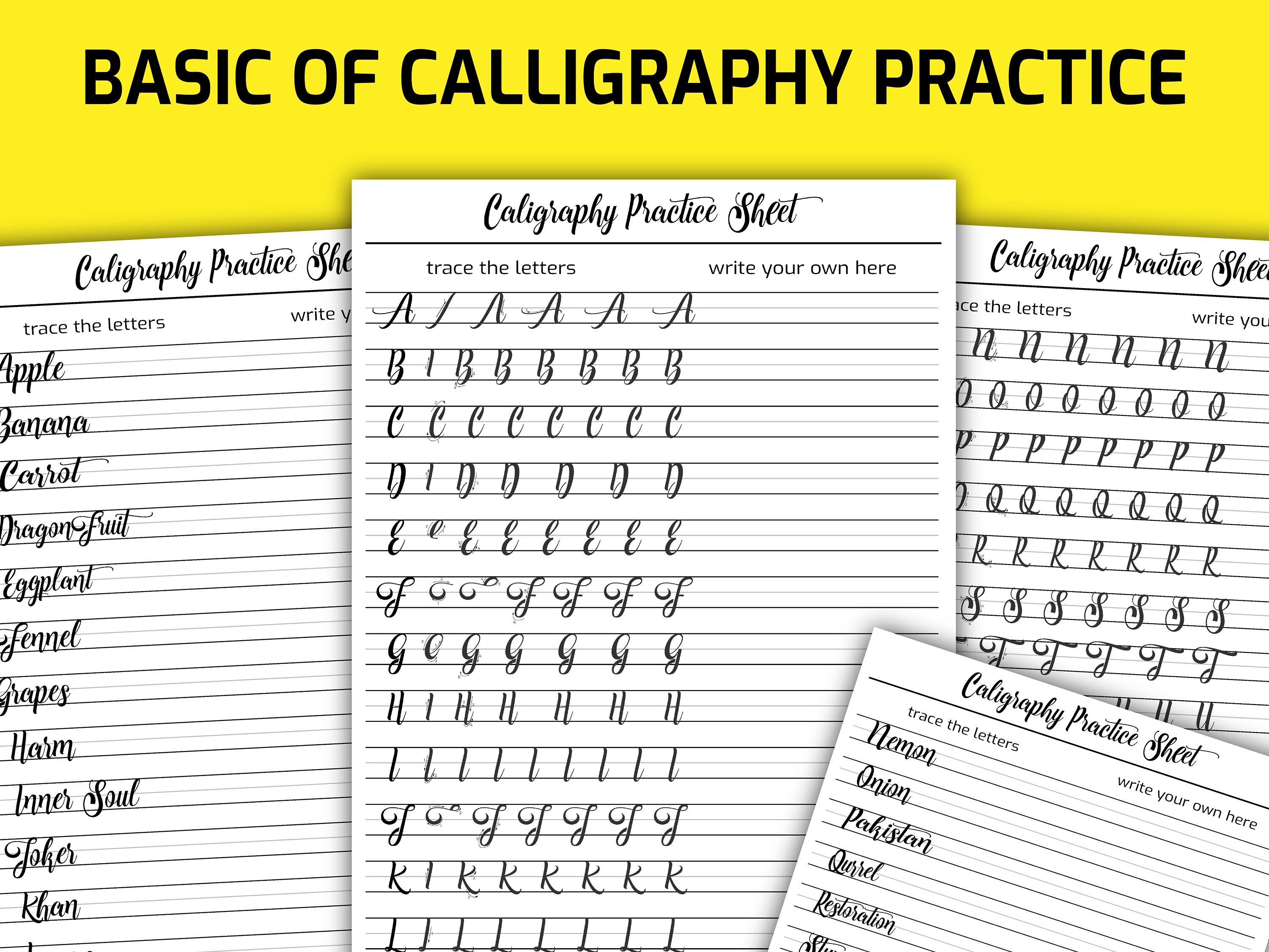 Modern Calligraphy Workbook the Fundamentals Modern Calligraphy Alphabet  Basic Strokes Calligraphy Practice Sheets Practice Words 