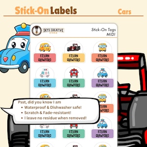 Niedliche, spülmaschinenfeste Etiketten – Schuletiketten – wasserfeste Etiketten – Namensetiketten für Kinder – Etiketten für Schulbedarf – Etiketten für Kindertagesstätten – Autos