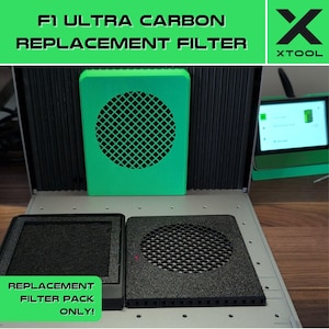 Puede incluir: Pack de filtros de repuesto para una impresora 3D F1 Ultra Carbon. El paquete incluye dos filtros negros con un patrón de panal. Los filtros se muestran frente a una pieza de impresora 3D verde con un patrón de panal.