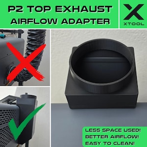 May include: Black plastic adapter for a P2 top exhaust airflow system. The adapter is designed to improve airflow and make cleaning easier. The text "LESS SPACE USED! BETTER AIRFLOW! EASY TO CLEAN!" is printed in green on a white background.