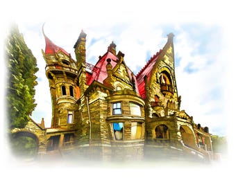 May include: A multi-story stone mansion featuring a prominent red roof with multiple gables, turrets, and arched windows. The exterior is constructed from textured gray stone blocks, showcasing a complex architectural design with balconies.