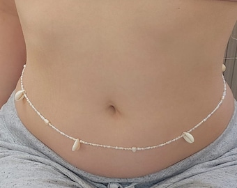 Adjustable Pearl + Seashell Waist Beads - 26-48" Belly Chain, Handmade Body Jewelry Hypoallergenic Stainless Steel