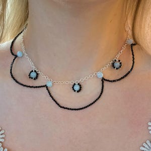 Unique elegant Necklace - Black Spinel, Aquamarine and  Sterling Silver Chain - Gift for her