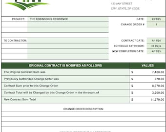 Change Order Form | Editable Construction Change Order Template | Digital Download | Excel Spreadsheet